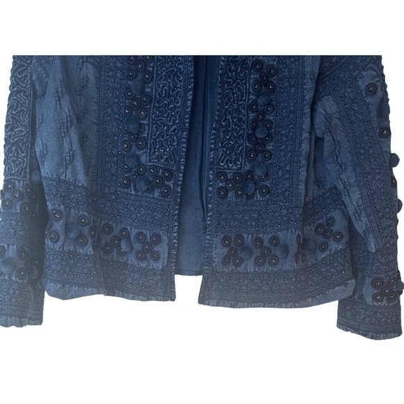 Neiman Marcus Womens Small Embroidered Cotton Jacket Midnight Blue - Picture 7 of 14